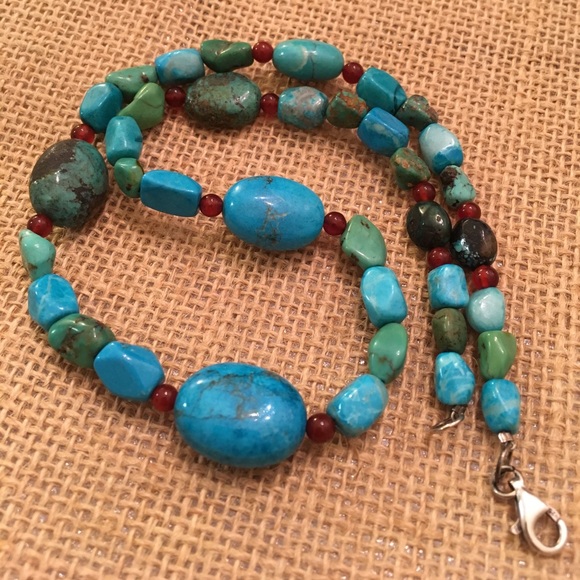 Turquoise Stone Necklace Sterling Clasp 18.5" - Picture 9 of 13